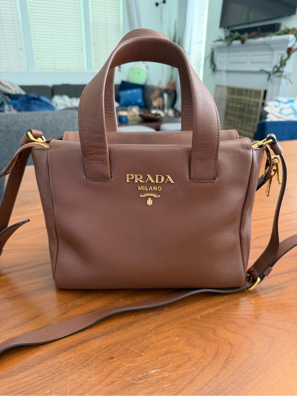 Prada Leather Mini Satchel with top handle and cross body strap